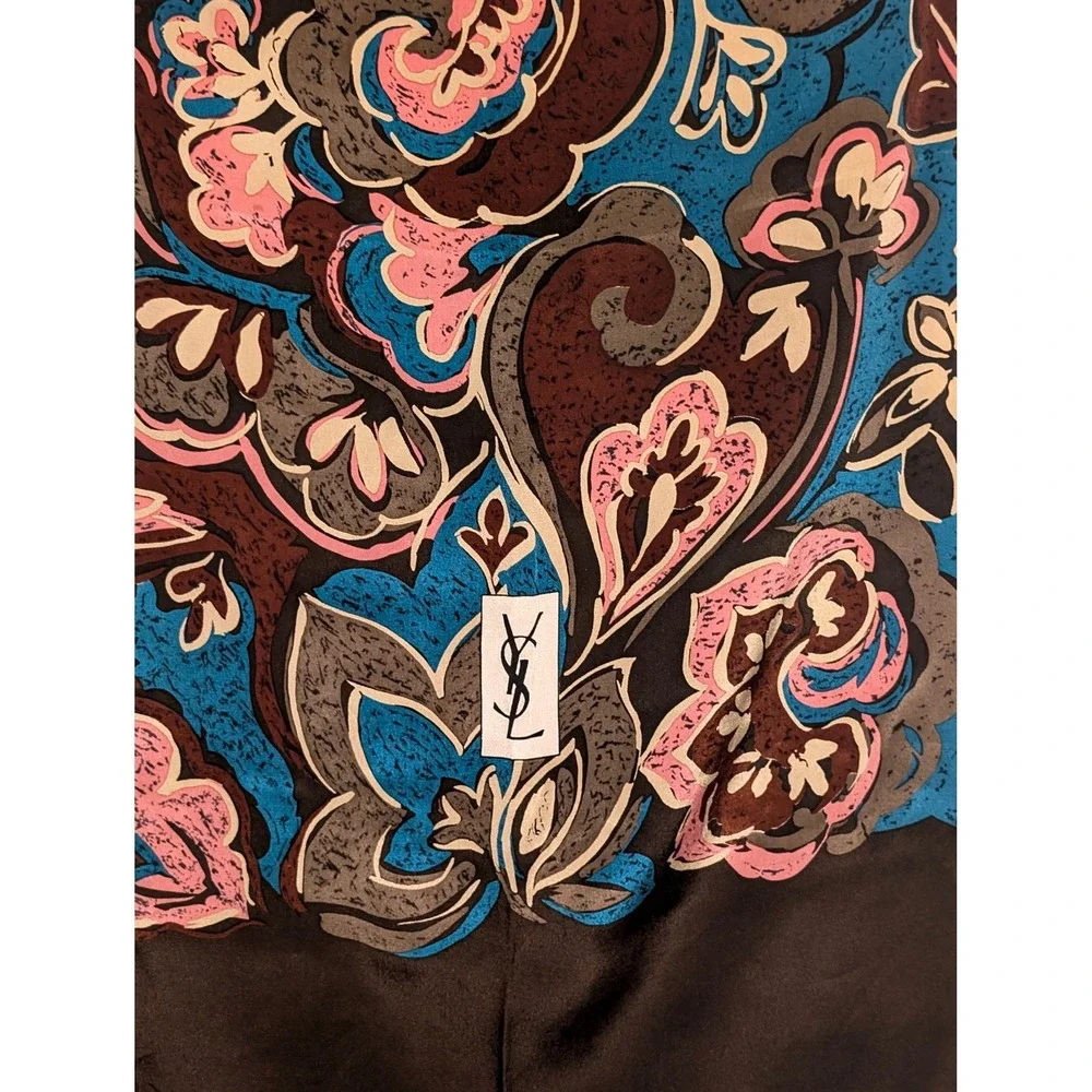 Yves Saint Laurent Vintage Long Silk Scarf Paisley Floral Brown Pink Rectangle